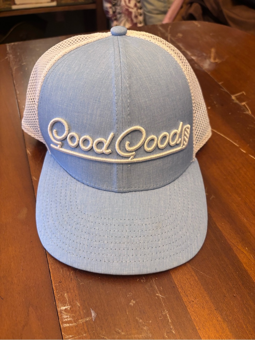 Good Good Hat Cap Snapback Golf Mesh Back Trucker Blue White Script Spell Out